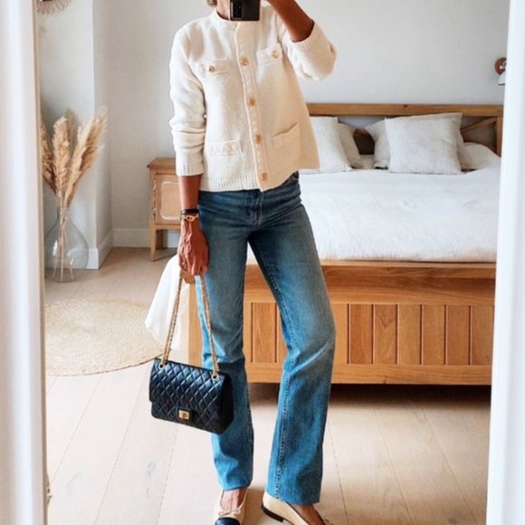 NEW Gold Button Tweed Textured Knit Sweater Cardigan Jacket - Cream Ivory - Picture 12 of 14